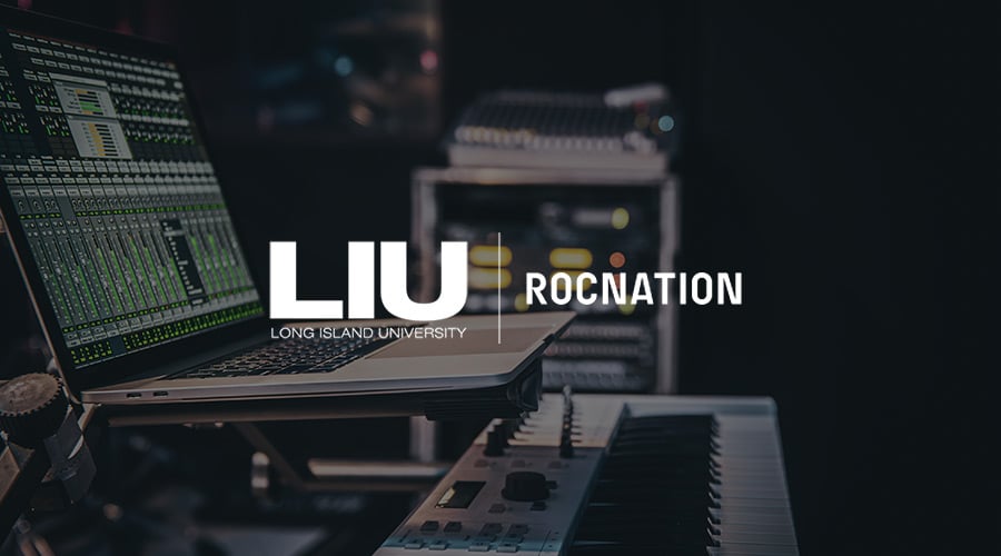 logos for roc nation and long island university overlayed on keyboard image