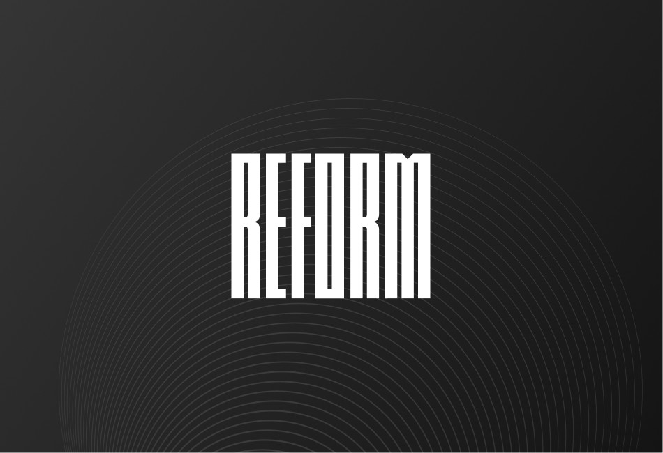 White logo for REFORM Alliance centered on a dark background.